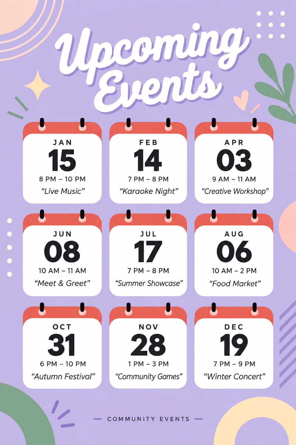 Nine event cards with JAN 15, APR 03, and DEC 19 among the dates.