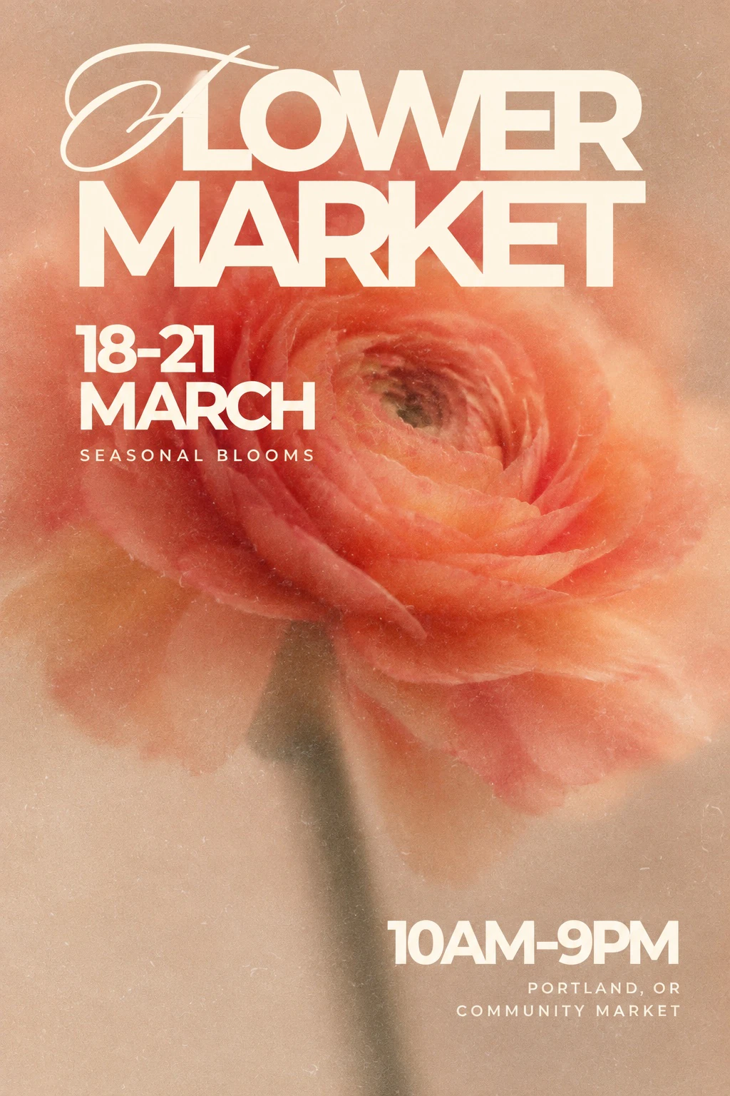 Flower market poster showing 18–21 MARCH.