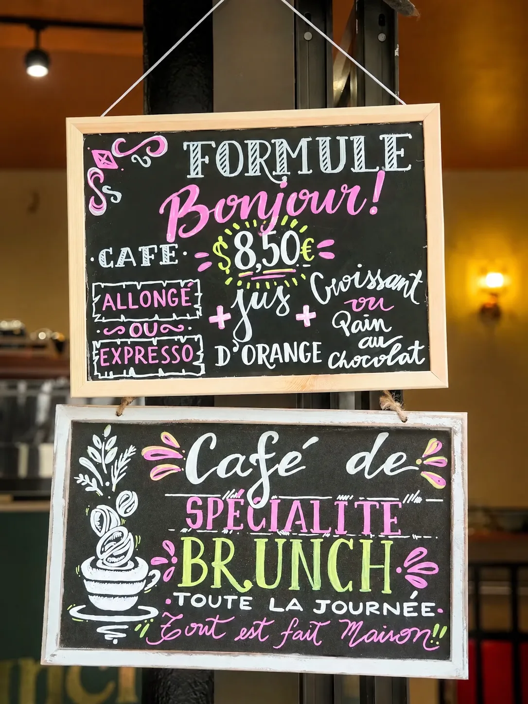 The same café chalkboard reading "Bonjour!" with the price changed to 8,50.